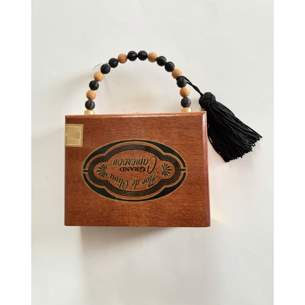 VTG Flor de Oliva Cigar Box Purse Wooden Handbag Beaded Handle Black Tassel